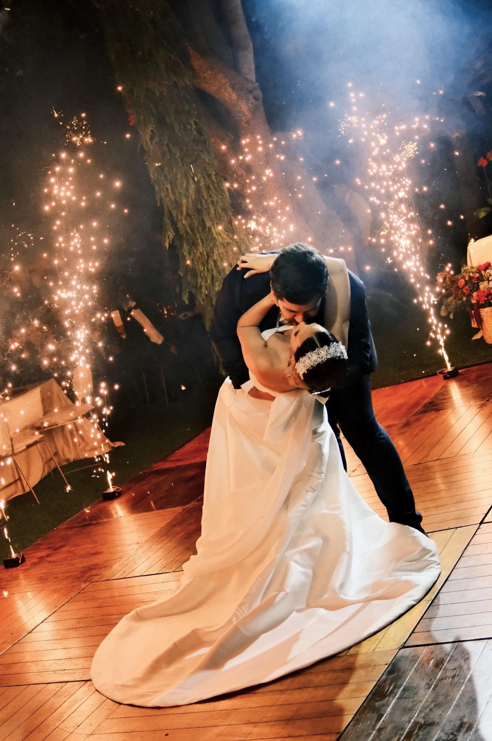 Wedding celebration with sparklers and fireworks